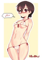 arms_behind_back bikini blush breasts brown_hair female female_only front-tie_top glasses half_rim_glasses hands_behind_back human human_only k-on! lowleg lowleg_bikini micro_bikini nodoka_manabe_(k-on!) pointy_chin pussy red-framed_glasses see-through semi-rimless_glasses short_hair side-tie_bikini small_breasts solo spoken_blush string_bikini swimsuit thigh_gap thighs under-rim_glasses underboob