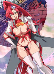 areolae breasts bursting_breasts cape chopsticks curvy elbow_gloves fine_art_parody front-tie_top glasses gloves hair hair_ornament highres hips kamina konkitto large_breasts long_hair midriff nipples no_bra open_mouth oriental_umbrella panties parasol parody ponytail red_hair smile space_yoko sunglasses sunglasses_removed tengen_toppa_gurren-lagann tengen_toppa_gurren_lagann thighhighs thong tied_hair tied_shirt umbrella underwear very_long_hair white_legwear white_thighhighs wide_hips yellow_eyes yoko_littner