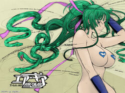 1girls air_gear bangs bare_shoulders big_breasts blush breasts collarbone color_edit colored english_text fangs female female_focus female_only forked_tongue gloves gradient_background green_background green_hair grey_eyes hair_ribbon hand_on_head heart heart_pasties highres human large_breasts laying_down mimasaka_ryou mostly_nude official_art oh!_great on_side parted_lips pasties ponytail reptile simple_background snake snake_hair solo solo_female sweat sweatdrop teeth text tied_hair tongue wallpaper yellow_background