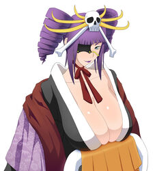 1girls aqua_eyes bleach blue_eyes breasts cleavage drill_hair eye_patch female female_only headdress huge_breasts japanese_clothes katen_kyoukotsu katen_kyoukotsu_(oiran) large_breasts lipstick makeup personification purple_hair sagging_breasts skull smile solo yosihuto zanpakutou_spirit