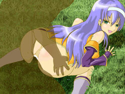 1boy 1girls ass blush bottomless bottomless_female doggystyle fingerless_gloves fire_emblem fire_emblem:_path_of_radiance fire_emblem:_radiant_dawn grabbing_ass green_eyes headband long_hair looking_back mia_(fire_emblem) open_mouth partil purple_hair sex sex_from_behind smile solo_focus straight thighhighs vaginal_penetration white_headband