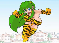 1girls 2005 bikini breasts evhor female green_hair horns humanoid large_breasts light-skinned_female light_skin long_hair looking_at_viewer lum nipples oni princess solo tagme tiger_print urusei_yatsura