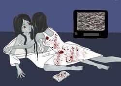 blood book breasts clothing crossover dress ghost ghost_girl grey_skin ju-on saeki_kayako sideboob slender television the_grudge the_ring yamamura_sadako yuri