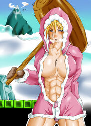 1girls abs blonde_hair blue_eyes blush breasts breath cleavage eyebrows_visible_through_hair female female_only gloves hair_between_eyes hammer huge_breasts huge_weapon ice_climber ippatute-kinta jewelry large_breasts light-skinned_female light_skin mallet melee_weapon midriff mittens mountain muscle muscular_female nana_(ice_climber) necklace nintendo nipples_visible_through_clothing no_bra open_coat panties pantyshot parka pink_coat snow solo striped striped_panties sweat thick thick_hips thick_thighs thighs underwear unzipped war_hammer weapon wide_hips