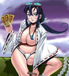 bamboo-shafted_broom bamboo_broom bb black_hair blue_eyes blush bow breasts broom card cards cleavage clouds collar collarbone covering female fundoshi goggles hair_ornament hairbow huge_breasts japanese_clothes jewelry legs loincloth magatama masao miko navel necklace no_bra open_clothes open_shirt ponytail psikyo sengoku_ace sengoku_blade sengoku_cannon shirt sitting sky smile socks solo tengai tied_hair togashi_koyori yukata