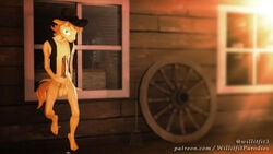 16:9 3d_(artwork) anthro bodily_fluids braeburn_(mlp) clothed clothing cowboy cowboy_hair cowboy_hat cowboy_outfit cum digital_media_(artwork) friendship_is_magic genital_fluids hasbro hat headgear headwear looking_at_viewer male masturbation my_little_pony open_clothing open_shirt open_topwear shirt solo source_filmmaker text topwear url vest western widescreen willitfit window