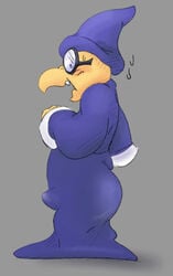 anthro ass bastardpalace beak blue_robe blush bodily_fluids bulge clothed clothing dot_eyes embarrassed erection erection_under_clothing eyewear fangs genital_outline glasses hat headgear headwear hi_res kamek koopa looking_aside looking_at_viewer male male_only mario_(series) nintendo open_mouth penis_outline reptile robe scalie solo surprised_expression surprised_look sweat sweatdrop turtle video_games wizard_hat wizard_robe yellow_body yellow_skin