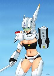 1girls 2013 av-98_ingram blue_background breasts cleavage female flick flick-the-thief green-tinted_eyewear large_breasts light-skinned_female light_skin mecha_musume patlabor police policewoman solo tinted_eyewear visor