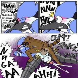 1:1 anal anal_orgasm anthro ass avian balls bird blue_jay blush bodily_fluids cartoon_network comic corvid cum cum_while_penetrated duo from_behind_position gay genital_fluids genitals jay_(bird) male male/male male_penetrated male_penetrating male_penetrating_male mordecai_(regular_show) new_world_jay oscine passerine pb-art penetration penis perching_position prostate_orgasm regular_show rigby_(regular_show) sex size_difference small_dom_big_sub speed_bump_position