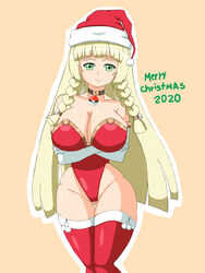 1girls 2020 alternate_breast_size big_breasts blonde_hair christmas christmas_outfit dated eye_contact green_eyes huge_breasts large_breasts leotard lillie_(pokemon) looking_at_viewer nintendo pokemon pokemon_sm roen_miro santa_hat solo text thick_thighs thighhighs thighs wide_hips