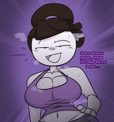 1girls 2020 blush booty_shorts brown_hair dialogue hairband hand_on_hip jaiden jaiden_animations looking_at_viewer midriff mob_face navel_line open_mouth ponytail purple_background short_hair slobbyslapper smug solo sssir sssir8 sweat tank_top text white_skin youtube youtuber