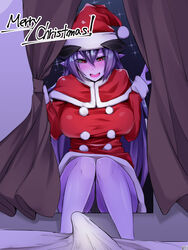 2017 3:4 arunira brll christmas christmas_clothing christmas_headwear clothing curtains demon duo erection female hair hat headgear headwear holidays humanoid humanoid_pointy_ears male not_furry open_mouth panties purple_body purple_hair purple_skin red_eyes santa_hat underwear