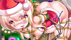 ahe_gao anal anal_object_insertion arms_behind_back ass azur_lane bloated blonde_hair blush bondage bound breasts buttplug chains christmas collar commentary_request enema eyebrows eyebrows_visible_through_hair eyes_visible_through_hair female hat heart heart-shaped_pupils heavy_breathing highres inflation juneau_(azur_lane) leash long_hair looking_at_viewer mndqn nipple_clamps nipples object_insertion open_mouth rope santa_costume santa_hat sex sex_toy small_breasts solo symbol-shaped_pupils tears tongue tongue_out tube vibrator vibrator_on_nipple wooden_horse yellow_eyes