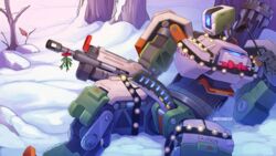 bastion_(overwatch) bondage christmas harness humanoid machine male overwatch qwertydragon ranged_weapon robot solo solo_male spread_legs video_games