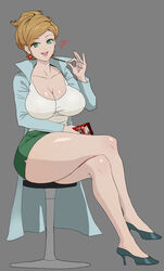 1girls 2020 2d adult adult_female alternate_breast_size ass aurea_juniper big_ass big_breasts breasts brown_hair candy cleavage clothed clothed_female clothing curvy_figure earrings eating eye_contact female female_only food gray_background green_eyes green_miniskirt grey_background heart heels high_heels holding_food holding_object huge_breasts human human_female human_only jewelry labcoat large_breasts legs legs_crossed light-skinned_female light_skin looking_at_viewer mature_female milf miniskirt mole mole_on_breast nintendo no_sex pocky pokemon pokemon_bw pokemon_professor realistic_breast_size realistic_proportions red_earrings samiri sfw simple_background sitting sitting_on_chair skirt smile smiling_at_viewer solo solo_female thick_thighs thighs updo