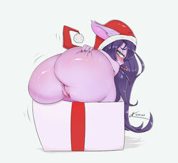 2020 ass_grab ass_shake big_ass blush candy_cane christmas christmas_hat christmas_outfit dat_ass gift_box green_eyes jouljehart league_of_legends long_hair looking_at_viewer lulu_the_fae_sorceress purple_hair purple_skin pussy riot_games shaking_butt shortstack snowdown_showdown_series sweaty_ass tagme thick_thighs yordle