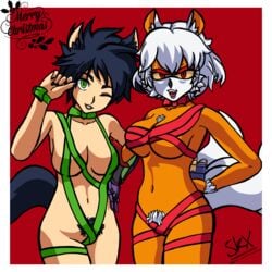 2girls artist_signature black_fur black_hair christmas christmas_outfit christmas_present cyborg fangs fox_ears fox_tail green_eyes green_ribbons kitsune lipstick multiple_girls multiple_tails orange_skin original_character pinup posing pubic_hair ravage_(someknowmeasxeno) red_eyes red_ribbon ribbon ribboned_body robotic_arm short_hair sofia_(someknowmeasxeno) someknowmeasxeno tomboy watermark white_fur white_hair wolf_ears wolf_tail