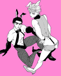 2boys abs ass big_pecs bodysuit booty_shorts bulge bunny_boy bunny_ears bunny_tail crop_top crossdressing facing_away femboy fishnet_pantyhose fishnets giorno_giovanna guido_mista hands_on_hips high_heels jojo's_bizarre_adventure leotard long_gloves looking_at_viewer looking_back male_only midriff muscular muscular_male pantyhose partially_clothed pecs short_shorts skimpy thick_eyebrows toned toned_male vento_aureo