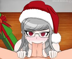 1boy 1girls 2020 blush bravebengal christmas clothed_female_nude_male danganronpa danganronpa_2:_goodbye_despair fellatio glasses grey_hair male_pov oral pekoyama_peko pov red_eyes santa_hat sex smooth_skin sweat unseen_male_face