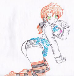 bent_over black_panties blue_skirt blush breasts button_down_shirt freckles green_eyes hair_ribbon my_life_me no_bra on_knees orange_hair orochivan panties ponytail sandra_le_blanc shirt_open skirt_up thighhighs white_background