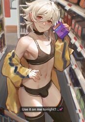 1boy armpits bare_midriff bare_thighs bedroom_eyes booty_shorts bulge buying_condoms condom condom_box convenience_store corrin_(fire_emblem) corrin_(fire_emblem)_(male) cute_male english_text exhibition exhibitionism exhibitionist exposed femboy fire_emblem fire_emblem_fates flashing jacket male_only nintendo penis_bulge pointy_ears public public_exposure red_eyes samsara samsara_(shuukeura) seductive seductive_smile shorts smile solo solo_male sports_bra text thighhighs