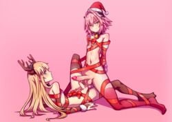 2boys androgynous astolfo_(fate) blonde_hair blue_eyes blush bondage braided_hair censored chevalier_d'eon_(fate) christmas christmas_outfit fate/grand_order fate_(series) femboy flat_chest gay girly heart_censor hej long_hair male penis penis_size_difference penis_touching pink_hair ribbon_bondage santa_hat small_penis testicles testicles_touching thighhighs thighs thong trap veiny_penis