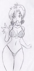 big_breasts bikini bikini_bottom bikini_top collar curvy hair_ribbon monochrome my_life_me nipple_bulge orochivan pokies ponytail rough_sketch sandra_le_blanc thick_thighs white_background wide_hips