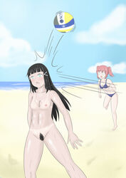 accident aquila_(artist) armpit_hair beach beach_ball black_hair blush cloud completely_nude day female_pubic_hair green_eyes hairy_armpits hairy_pussy incest kurosawa_dia kurosawa_ruby long_hair love_live! love_live!_sunshine!! medium_breasts medium_hair navel nipples nude ocean pubic_hair red_hair sisters sky swimsuit