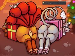 4:3 anus ass big_butt bow box chaut christmas digitigrade duo earmuffs english_text exposed_butt eyewear female flabébé genitals gift gift_wrapped glameow glasses hi_res holidays humanoid_genitalia humanoid_pussy humanoid_pussy_on_feral looking_at_viewer looking_back nintendo pawpads paws pocketpaws pokemon pokemon_(species) pokemon_mystery_dungeon presenting presenting_hindquarters presenting_pussy pussy ryn_purrawri sidra_romani smile take_your_pick text video_games vulpix wanderlust