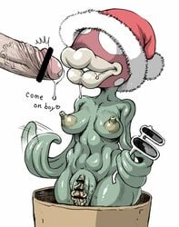 anthro anthrofied areola beckoning bodily_fluids breasts censor_bar censored christmas christmas_clothing christmas_headwear clothing disembodied_penis double_deck elemental_creature english_text erect_nipples eyeless eyewear female flora_fauna genital_fluids genitals gesture hat headgear headwear heart hi_res holidays human larger_human larger_male leaf_arms lips male mammal mario_(series) mostly_nude nintendo nipples nude penis piranha_plant plant plant_girl potted_plant precum puffy_areola pussy pussy_juice saliva santa_hat simple_background size_difference smaller_anthro smaller_female sunglasses text thick_lips vagina vein veiny_penis video_games white_background wide_hips