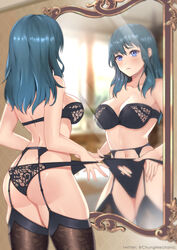 1girls ass back bangs bare_arms bare_shoulders black_bra black_panties blue_eyes blue_hair blush bra breasts brown_legwear byleth_(fire_emblem) byleth_(fire_emblem)_(female) chungmechanic collarbone cowboy_shot eyebrows_visible_through_hair female female_focus female_only fire_emblem fire_emblem:_three_houses from_behind garter_belt garter_straps highres indoors large_breasts lingerie long_hair looking_at_viewer mirror navel nintendo open_mouth panties reflection solo stomach strapless strapless_bra thighhighs torn_clothes torn_panties twitter_username underwear underwear_only
