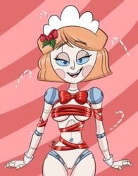 1girls bedroom_eyes blue_eyes candy_cane christmas emmy_the_nandroid emmy_the_robot female female_only mistletoe nandroid open_mouth png pussy ribbon ribboned_body robot robot_girl simple_background solo subzerokelvin