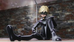 1boy 3d 3d_(artwork) adrien_agreste alley alleyway blender_(software) blonde_hair cat_noir condom_suit erection_under_clothes green_eyes large_penis latex latex_suit looking_at_viewer looking_pleasured male male_only miraculous_ladybug penis penis_under_clothes seductive_smile sitting solo spread_legs testicles thatonefoxy wallpaper