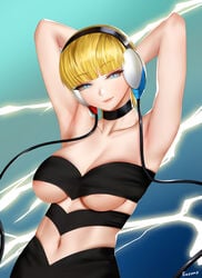 1girls armpits blonde_hair blue_eyes breasts choker clothed easonx elesa_(pokemon) eye_contact female half-closed_eyes headphones looking_at_viewer nintendo pokemon pokemon_bw smile solo standing