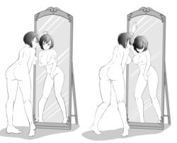 ahoge arm_support ass azur_lane baltimore_(azur_lane) blush breasts completely_nude female fingering full-length_mirror highres katoptronophilia large_breasts masturbation mirror monochrome multiple_views nude reflection short_hair standing sweat trembling vivi_monsta