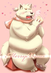 2020 anthro balls belly blush canid canine canis christmas closed_eyes domestic_dog food furry_only genitals heart hi_res holidays humanoid_hands kemono kiyo male mammal moobs navel overweight overweight_anthro overweight_male penis scarf sitting solo