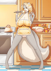 absurd_res anthro apron baking breasts clothing female furry genitals hair hi_res kettle kitchen kitchen_utensils mammal mephitid naked_apron outlet oven pussy skunk solo tools whisk zaftigbunnypress