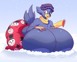 2016 5_fingers anthro ass avian beak big_breasts big_butt bird breasts breasts_bigger_than_head busty_bird christmas clothing corvid corvus_(genus) crow curvy dat_ass digital_media_(artwork) female female_focus female_only gloves hand_on_breast hands_on_breasts handwear hi_res holidays huge_breasts hyper hyper_breasts jaeh non-mammal_breasts open_beak original original_character scarf snow solo thick_ass thick_thighs thighs topless topless_female wide_hips