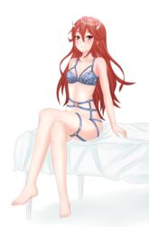 1girls bare_legs blue_lingerie cordelia_(fire_emblem) crossed_legs feet female female_only fire_emblem fire_emblem_awakening hair_ornament light-skinned_female light_skin lingerie long_hair looking_at_viewer nintendo on_bed peka peka_35 red_eyes red_hair smile solo