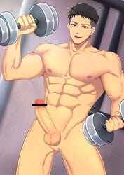 1boy abs absurdres akitaru_oubi bar_censor bara black_hair brown_eyes censored collarbone completely_nude dumbbell en'en_no_shouboutai enen_no_shouboutai erection fire_force highres male_focus male_only minghecanyue muscular muscular_male navel navel_hair nipples nude pectorals penis short_hair smile solo solo_male thick_thighs thighs undercut weightlifting