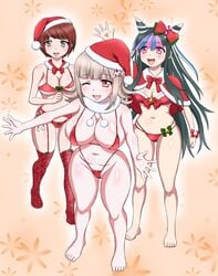 artist_request big_breasts bikini christmas christmas_hat christmas_outfit danganronpa danganronpa_2:_goodbye_despair koizumi_mahiru micro_bikini mioda_ibuki nanami_chiaki skimpy_clothes straight_hair voluptuous