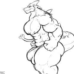 1:1 3_eyes alien balls bigshow bottom_wear bulge cadmus dragon genitals hi_res horn hybrid male monochrome multi_eye muscular muscular_male nipples pecs penis scalie side_view solo tail_maw