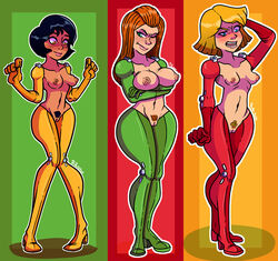 3girls alex_(totally_spies) armwear black_hair blonde_hair blue_eyes bodysuit boots breast_size_difference brown_eyes busty cleavage clover_(totally_spies) dark-skinned_female dark_skin exposed_breasts exposed_torso female female_focus female_only green_eyes group high_heel_boots high_heels hourglass_figure human legwear light-skinned_female light_skin multiple_girls nude nude_female nudity pale_skin pinup pinup_pose pose posing raunchyravenremix red_hair sam_(totally_spies) sex skimpy skimpy_clothes solo tagme thigh_boots thighhigh_boots totally_spies trio wide_hips