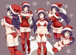 1girls ass bikini boots bow breasts capelet christmas cleavage dress fur_trim gloves green_eyes hat kurokawa_makoto large_breasts long_hair looking_at_viewer love_live! love_live!_school_idol_project low_twintails multiple_views navel one_eye_closed open_mouth panties pink_scrunchie purple_hair red_bikini red_bow red_capelet red_dress red_footwear red_gloves red_headwear sack santa_bikini santa_costume santa_hat scrunchie short_dress side-tie_bikini simple_background standing stomach string_bikini swimsuit thigh_boots thighhighs toujou_nozomi twintails