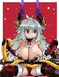 1girls ahoge armwear axe bodysuit choker christmas christmas_decorations christmas_lights cleavage female female_only granblue_fantasy horn_ornament horns legwear long_hair messy_hair pointy_ears purple_horn red_eyes sitting solo solo_female threo_(granblue_fantasy) very_high_resolution weapon white_hair zanamaoria