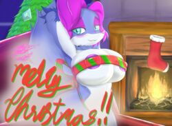 anthro areola big_breasts breasts canid canine christmas female fox genitals hair hi-rez_studios holidays kiss_mark mammal paladins pepper_(paladins) present_box purple_areola purple_hair pussy ribbons solo 甘水