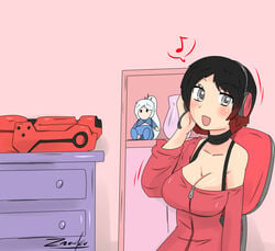 1futa crescent_rose doll fully_clothed futanari headphones off_shoulder red_jacket ruby_rose rwby solo streamer tagme weapon weiss_schnee zronku