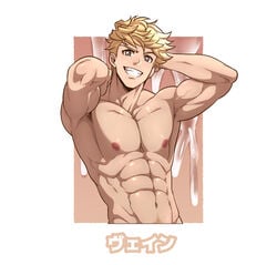 1boy abs arms_behind_head bara blonde_hair completely_nude excessive_cum granblue_fantasy green_eyes inunekostudio looking_at_viewer male_focus male_pubic_hair muscular muscular_male navel navel_hair nipples nude pectorals pubic_hair short_hair six_fanarts_challenge smile solo upper_body vane_(granblue_fantasy)