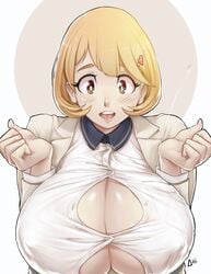 
 aurahack blonde_hair blush cleavage curvy female huge_breasts looking_at_viewer narusawa_ryouka occultic;nine open_mouth open_shirt ryouka short_hair thick_thighs