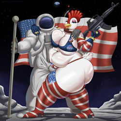 1:1 5_fingers absurd_res american_flag american_flag_armwear american_flag_legwear anthro armwear assault_rifle astronaut avian beak big_breasts bird breasts bulge chicken cleavage clothed clothing curvy_figure elbow_gloves female fingers galliform gallus_(genus) gloves goldcrustedchicken gun handwear hi_res holding_gun holding_object holding_weapon huge_breasts looking_at_viewer m16 male marsa mature_female overweight overweight_anthro overweight_female phasianid ranged_weapon rifle squish straight thick_thighs thigh_squish voluptuous weapon